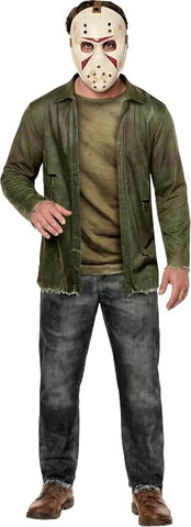 Man posing in the Friday the 13th Jason Voorhees Costume Featuring and off-white hockey-style mask with cutout eye openings, multiple ventilation holes, red painted accent markings, and an adjustable brown head strap, along with a printed jumpsuit designed to look like a distressed olive-green jacket layered over a worn shirt and attached matching gray printed pants with weathered detailing, torn-effect artwork, and an aged appearance