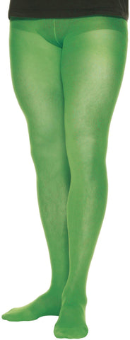 Mens Green Costume Leggings Tights Stockings Featuring bright green stretch leggings made from a thin, form-fitting fabric with a smooth, semi-opaque finish, a high elastic waistband, and full-length coverage that extends from the waist down to the feet for a seamless, all-in-one look.