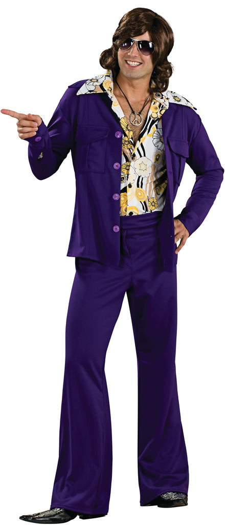 Man posing in the Mens Groovy 70s Leisure Suit Costume Featuring a two-piece ensemble with a deep purple jacket and matching flared pants, the jacket designed with a wide collar, front buttons, and patch pockets. Shirt not included. Accessories available separately.