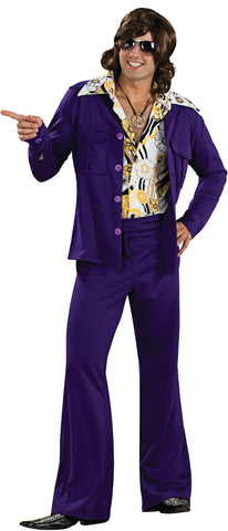 Man posing in the Mens Groovy 70s Leisure Suit Costume Featuring a two-piece ensemble with a deep purple jacket and matching flared pants, the jacket designed with a wide collar, front buttons, and patch pockets. Shirt not included. Accessories available separately.