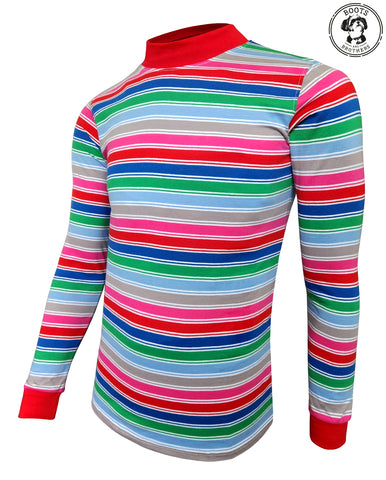 Featuring a long-sleeved Chucky character-inspired T-shirt with horizontal rainbow stripes in red, blue, green, light blue, gray, pink, and white across the body and sleeves. The shirt is designed to recreate a recognizable striped look with a classic crew-neck style