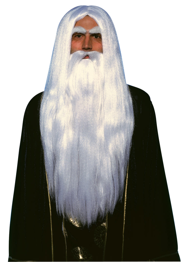 Man wearing the Merlin the Wizard Costume Wig and Beard Set which includes a  long, flowing white synthetic wig styled with a smooth center part that falls evenly down both sides of the head, paired with a full, matching white beard that extends down the chest; the beard is straight and layered for length and volume, blending seamlessly with the wig to create a continuous, legendary wizard silhouette