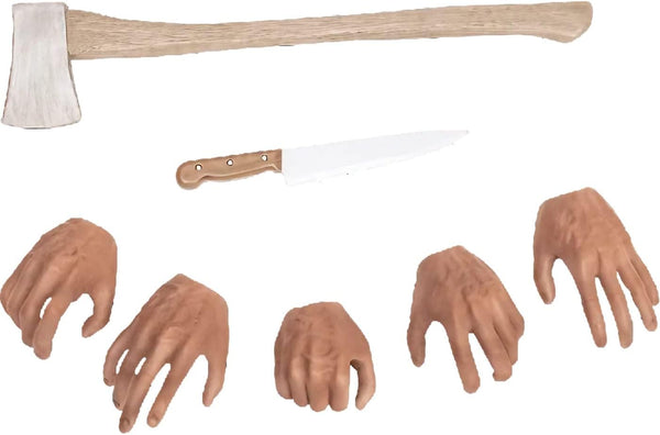 Set of Michael Myers Halloween 6 action figure accessories  including an axe, knife, and multiple interchangeable hands 