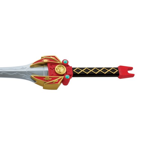 Mighty Morphin Power Rangers Red Ranger Sword Costume Prop Weapon features molded plastic sword designed with a long silver‑tone blade accented by etched lightning‑style details running along the surface. The hilt is styled in bold red and gold with a layered guard design, circular medallion centerpiece, and small turquoise‑style accent dots, while the black handle includes a gold diamond pattern grip and a red forked pommel tip. 