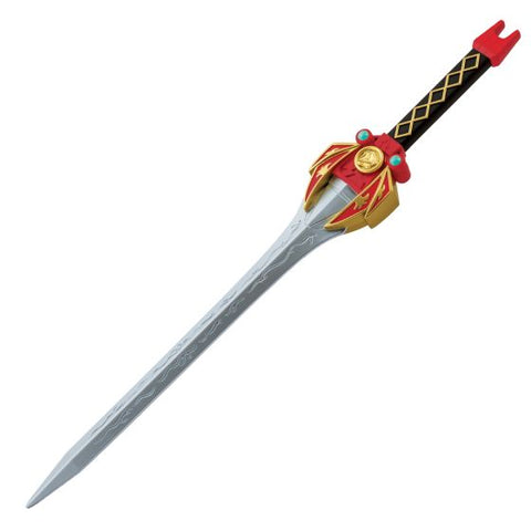 Mighty Morphin Power Rangers Red Ranger Sword Costume Prop Weapon features molded plastic sword designed with a long silver‑tone blade accented by etched lightning‑style details running along the surface. The hilt is styled in bold red and gold with a layered guard design, circular medallion centerpiece, and small turquoise‑style accent dots, while the black handle includes a gold diamond pattern grip and a red forked pommel tip. 