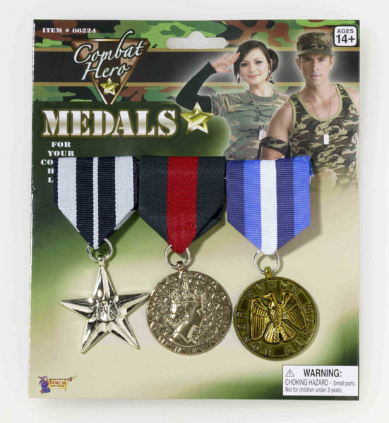 Blue tones of Military Medals Costume Prop Accessory Featuring a set of three metallic-look costume medals attached to ribbon bars, each designed with a different sculpted emblem including a star, circular crest, and eagle-style insignia, suspended from fabric ribbons that may come in either yellow-toned striped patterns or blue-toned striped patterns depending on the variation, all mounted together for easy pin-on display.