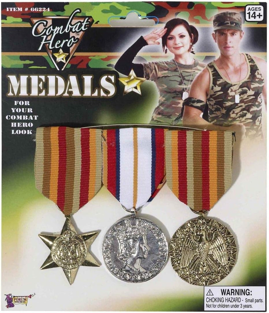 Yellow Gold tones of Military Medals Costume Prop Accessory Military Medals Costume Prop Accessory Featuring a set of three metallic-look costume medals attached to ribbon bars, each designed with a different sculpted emblem including a star, circular crest, and eagle-style insignia, suspended from fabric ribbons that may come in either yellow-toned striped patterns or blue-toned striped patterns depending on the variation, all mounted together for easy pin-on display.