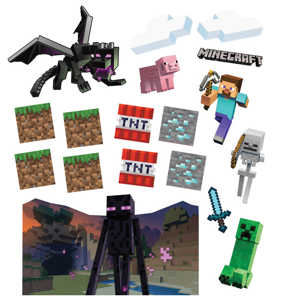 Minecraft Halloween Trunk or Treat Decoration Kit featuring a multi‑piece display set designed to transform a vehicle trunk into a block‑style Minecraft scene, including three character sheets filled with iconic graphics such as Enderman, Creeper, Steve, skeletons, pigs, TNT blocks, and pixelated terrain elements. The kit includes 24 pieces of 3M™ double‑stick foam, allowing each cutout to be easily attached and layered for a dimensional, customizable display setup