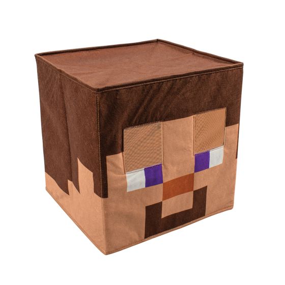 Minecraft Steve Block Head Headpiece Costume Mask Featuring a cube-shaped Minecraft Steve headpiece constructed with a soft, fabric-covered exterior, this accessory displays pixel-style facial detailing including brown hair, square eyes, and block-patterned features on all visible sides. The collapsible headpiece includes a removable base panel and an internal headband with an elastic strap for support and positioning while worn.