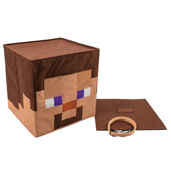 Unassembled view of Minecraft Steve Block Head Headpiece Costume Mask Featuring a cube-shaped Minecraft Steve headpiece constructed with a soft, fabric-covered exterior, this accessory displays pixel-style facial detailing including brown hair, square eyes, and block-patterned features on all visible sides. The collapsible headpiece includes a removable base panel and an internal headband with an elastic strap for support and positioning while worn.abled view of 