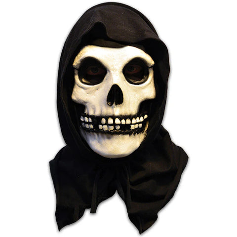 Misfits The Fiend Costume Mask with Black Hood features a full coverage sculpt with a bold skull-like faces, deep hollow eye sockets, exaggerated cheekbones, and a grimacing jaw, finished in stark bone-white with dark shadowed recesses, front view