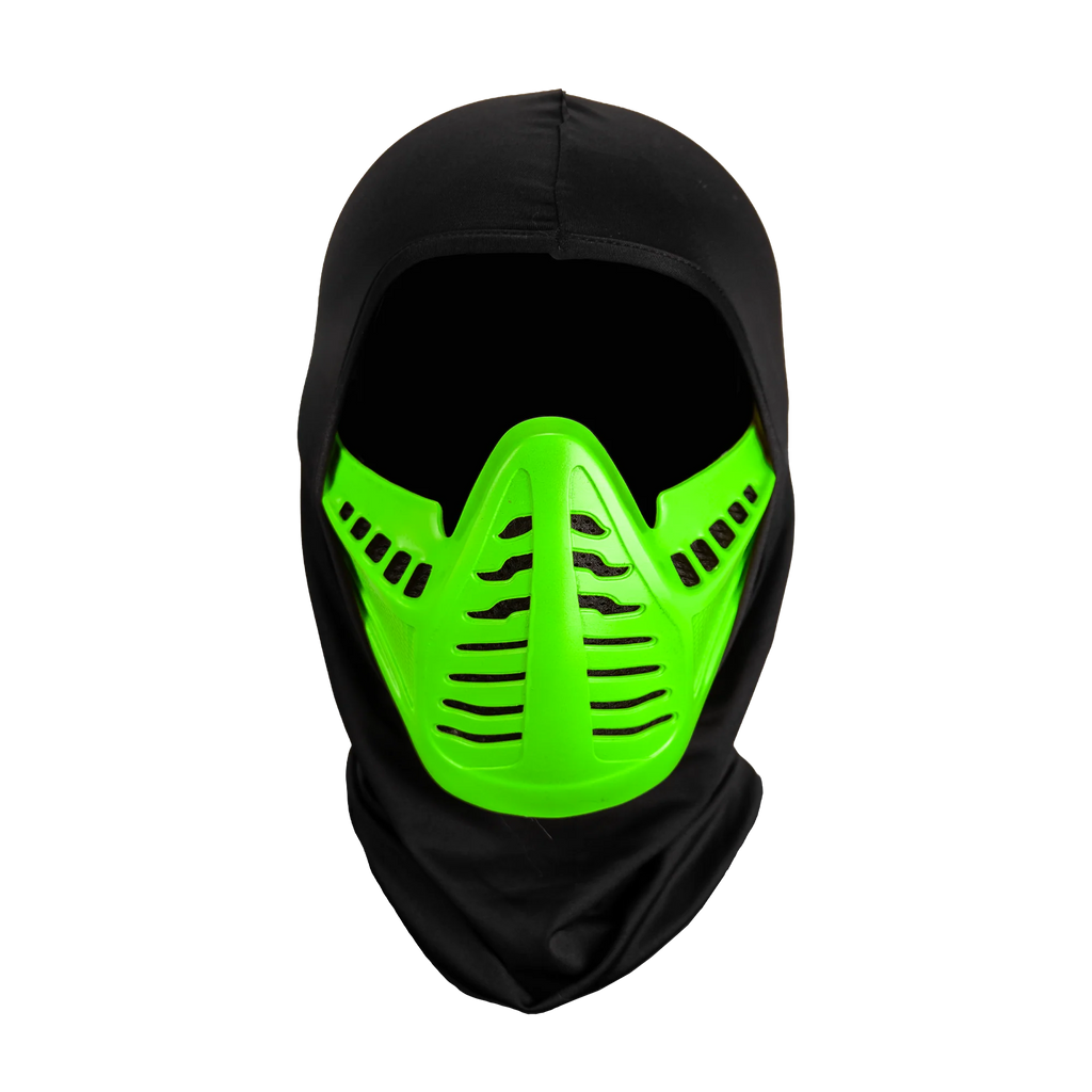 Mortal Kombat Reptile Injection Costume Mask features a rigid plastic construction with a sleek, predatory ninja design, finished in deep reptilian green with darker shadowed accents; includes sharply sculpted angular paneling, segmented mouth‑guard details, and a black, cloth hood, front view