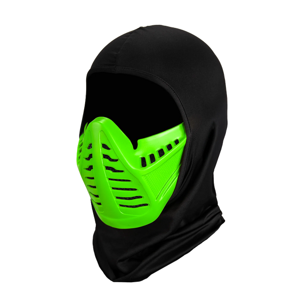 Mortal Kombat Reptile Injection Costume Mask features a rigid plastic construction with a sleek, predatory ninja design, finished in deep reptilian green with darker shadowed accents; includes sharply sculpted angular paneling, segmented mouth‑guard details, and a black, cloth hood, left profile