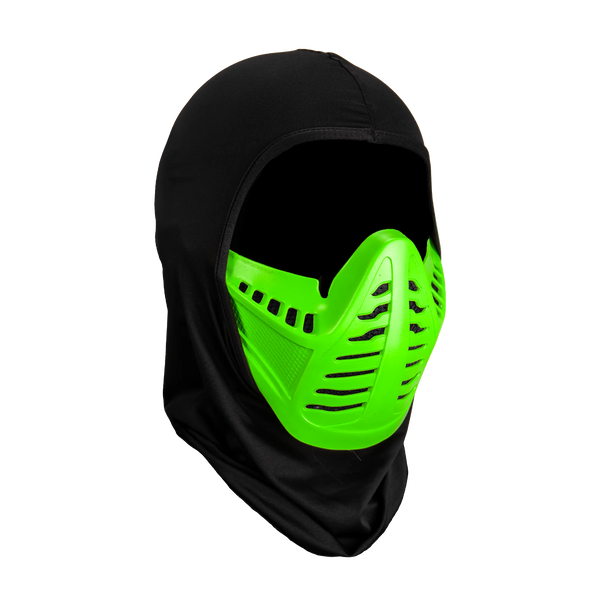 Mortal Kombat Reptile Injection Costume Mask features a rigid plastic construction with a sleek, predatory ninja design, finished in deep reptilian green with darker shadowed accents; includes sharply sculpted angular paneling, segmented mouth‑guard details, and a black, cloth hood, right profile
