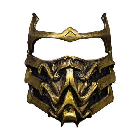 Mortal Kombat Scorpion Costume Mask features injection molded, fearsome skill-inspired faceplate, in bold black and gold coloring, angular eye openings, and clean, rigid sculpting for game-accurate details, front view