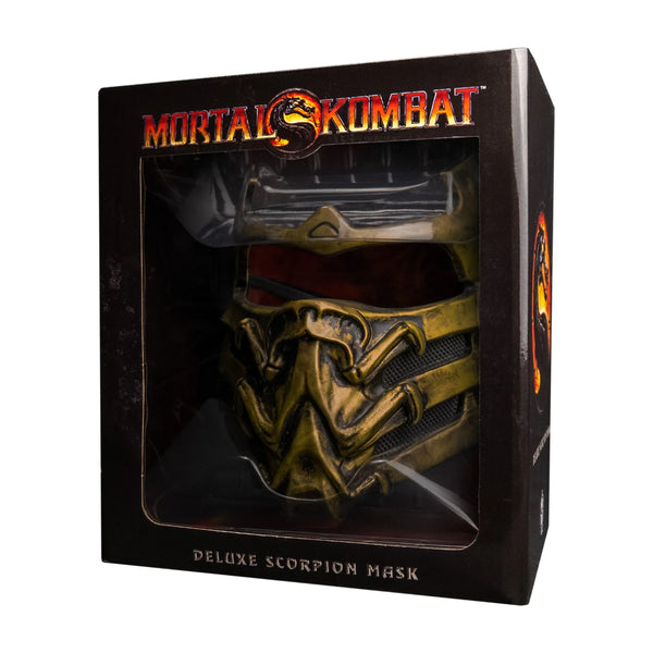Mortal Kombat Scorpion Costume Mask features injection molded, fearsome skill-inspired faceplate, in bold black and gold coloring, angular eye openings, and clean, rigid sculpting for game-accurate details, in packaging, front view
