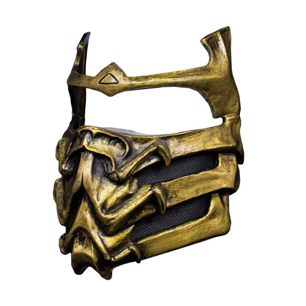 Mortal Kombat Scorpion Costume Mask features injection molded, fearsome skill-inspired faceplate, in bold black and gold coloring, angular eye openings, and clean, rigid sculpting for game-accurate details, right profile view