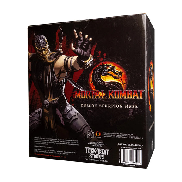 Mortal Kombat Scorpion Costume Mask features injection molded, fearsome skill-inspired faceplate, in bold black and gold coloring, angular eye openings, and clean, rigid sculpting for game-accurate details, packaging, back view