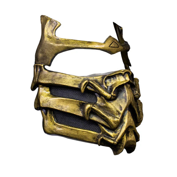 Mortal Kombat Scorpion Costume Mask features injection molded, fearsome skill-inspired faceplate, in bold black and gold coloring, angular eye openings, and clean, rigid sculpting for game-accurate details, left profile view