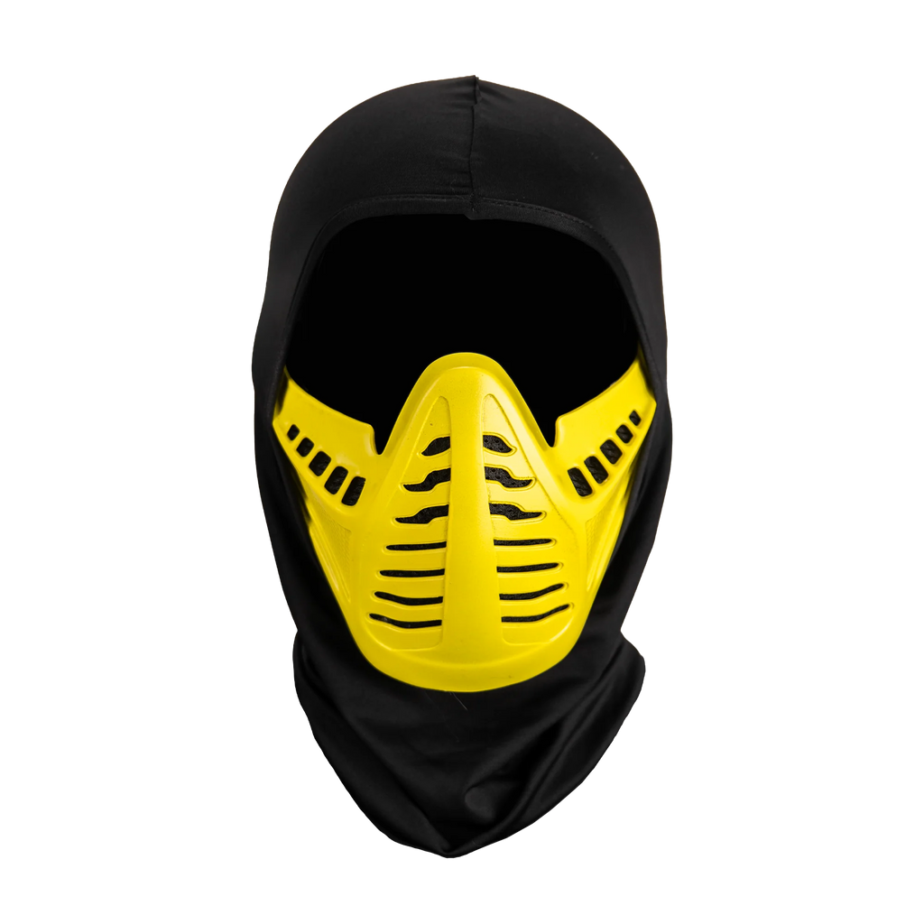 Mortal Kombat Scorpion Injection Costume Mask features a rigid plastic sculpt with a bold, battle‑ready ninja design, finished in Scorpion’s signature hellfire yellow with contrasting black detail; sharply defined angular paneling across the face, segmented mouth‑guard detailing, and black, cloth hood, front view