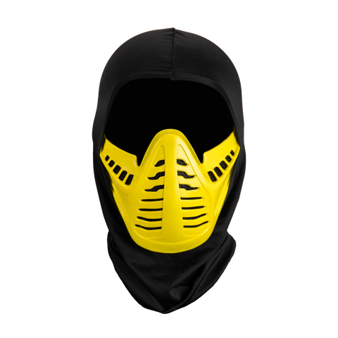 Mortal Kombat Scorpion Injection Costume Mask features a rigid plastic sculpt with a bold, battle‑ready ninja design, finished in Scorpion’s signature hellfire yellow with contrasting black detail; sharply defined angular paneling across the face, segmented mouth‑guard detailing, and black, cloth hood, front view