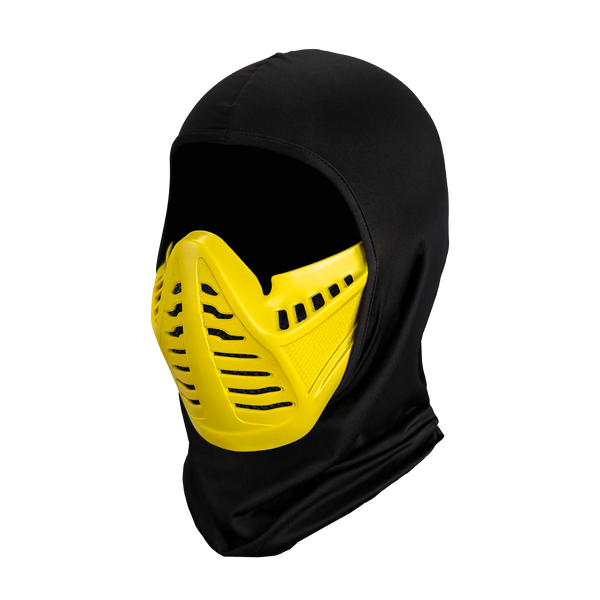 Mortal Kombat Scorpion Injection Costume Mask features a rigid plastic sculpt with a bold, battle‑ready ninja design, finished in Scorpion’s signature hellfire yellow with contrasting black detail; sharply defined angular paneling across the face, segmented mouth‑guard detailing, and black, cloth hood, left profile