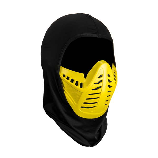 Mortal Kombat Scorpion Injection Costume Mask features a rigid plastic sculpt with a bold, battle‑ready ninja design, finished in Scorpion’s signature hellfire yellow with contrasting black detail; sharply defined angular paneling across the face, segmented mouth‑guard detailing, and black, cloth hood, right profile