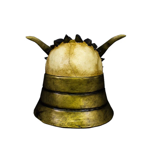 Mortal Kombat Shao Kahn injection-molded plastic skull helmet with sweeping horn details, sharply sculpted facial lines, a battle‑worn metallic finish, and deep, ominous eye openings, back view