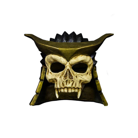 Mortal Kombat Shao Kahn injection-molded plastic skull helmet with sweeping horn details, sharply sculpted facial lines, a battle‑worn metallic finish, and deep, ominous eye openings, front view