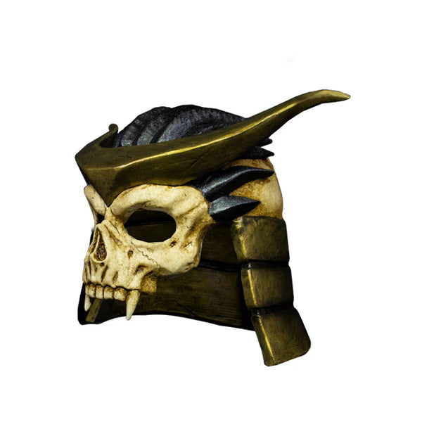Mortal Kombat Shao Kahn injection-molded plastic skull helmet with sweeping horn details, sharply sculpted facial lines, a battle‑worn metallic finish, and deep, ominous eye openings, left profile view