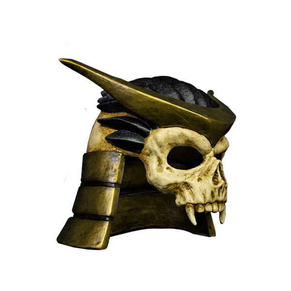 Mortal Kombat Shao Kahn injection-molded plastic skull helmet with sweeping horn details, sharply sculpted facial lines, a battle‑worn metallic finish, and deep, ominous eye openings, right profile view