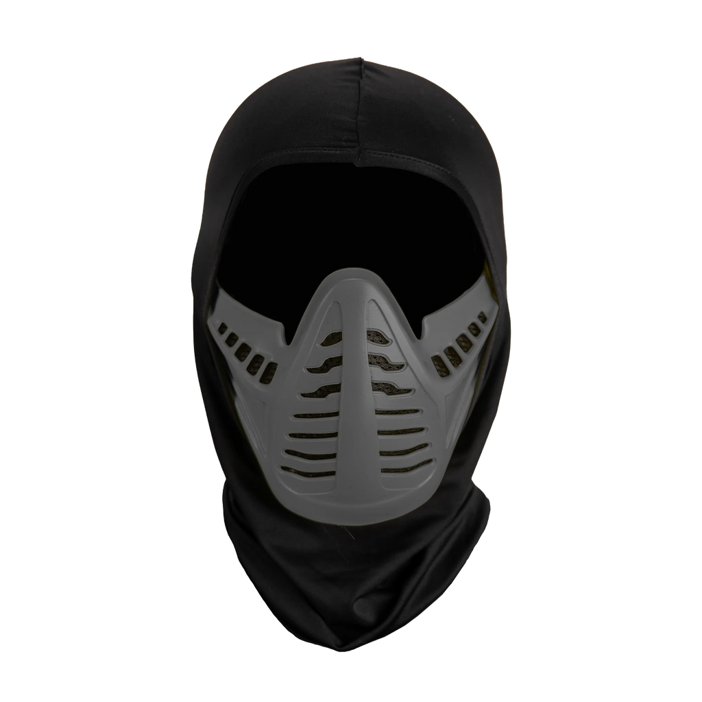 Mortal Kombat Smoke Injection Costume Mask features a rigid plastic sculpt with a sleek, stealth‑forward ninja design, finished in dark charcoal, segmented mask sections across the mouth and jaw, and black cloth hood, front view