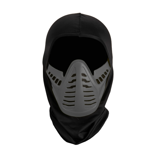 Mortal Kombat Smoke Injection Costume Mask features a rigid plastic sculpt with a sleek, stealth‑forward ninja design, finished in dark charcoal, segmented mask sections across the mouth and jaw, and black cloth hood, front view