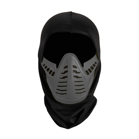 Mortal Kombat Smoke Injection Costume Mask features a rigid plastic sculpt with a sleek, stealth‑forward ninja design, finished in dark charcoal, segmented mask sections across the mouth and jaw, and black cloth hood, front view