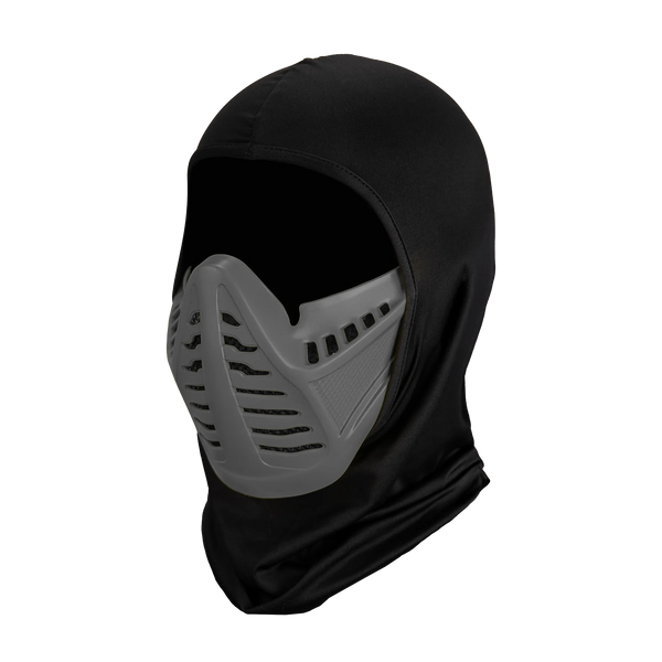 Mortal Kombat Smoke Injection Costume Mask features a rigid plastic sculpt with a sleek, stealth‑forward ninja design, finished in dark charcoal, segmented mask sections across the mouth and jaw, and black cloth hood, left profile
