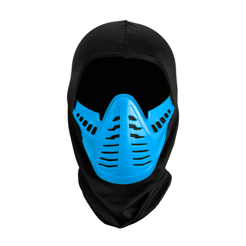Mortal Kombat Sub-Zero Injection Costume Mask features a rigid plastic sculpt with a sleek, angular ninja design, finished in icy blue tone and black, cloth hood, front view