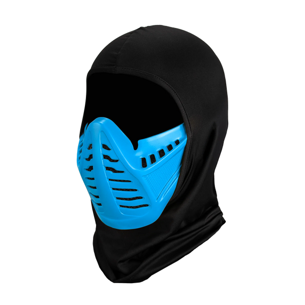 Mortal Kombat Sub-Zero Injection Costume Mask features a rigid plastic sculpt with a sleek, angular ninja design, finished in icy blue tone and black, cloth hood, left profile