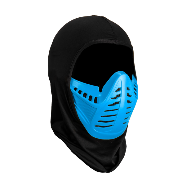 Mortal Kombat Sub-Zero Injection Costume Mask features a rigid plastic sculpt with a sleek, angular ninja design, finished in icy blue tone and black, cloth hood, right profile