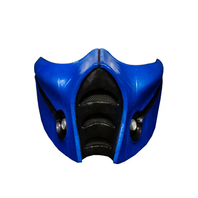 Mortal Kombat Sub Zero Costume Mask in signature and bold blue and black color scheme with subtle surface texture and attached straps, front view