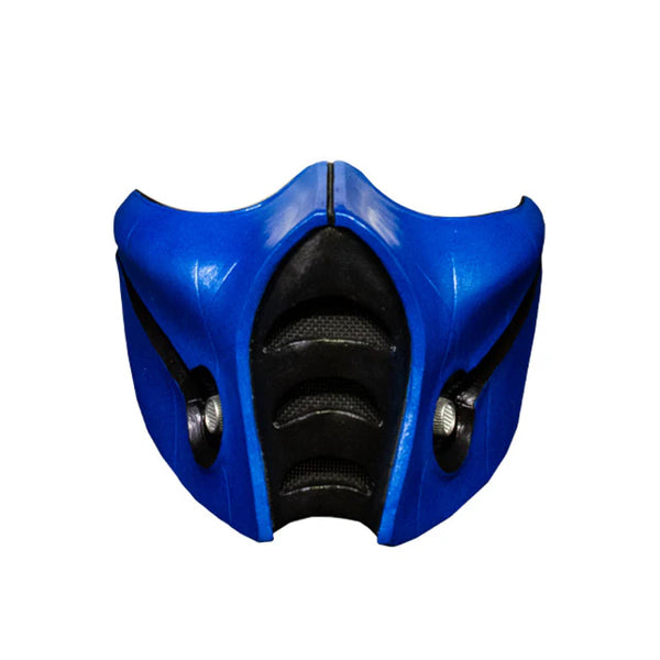 Mortal Kombat Sub Zero Costume Mask in signature and bold blue and black color scheme with subtle surface texture and attached straps, front view