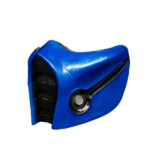 Mortal Kombat Sub Zero Costume Mask in signature and bold blue and black color scheme with subtle surface texture and attached straps, left side profile