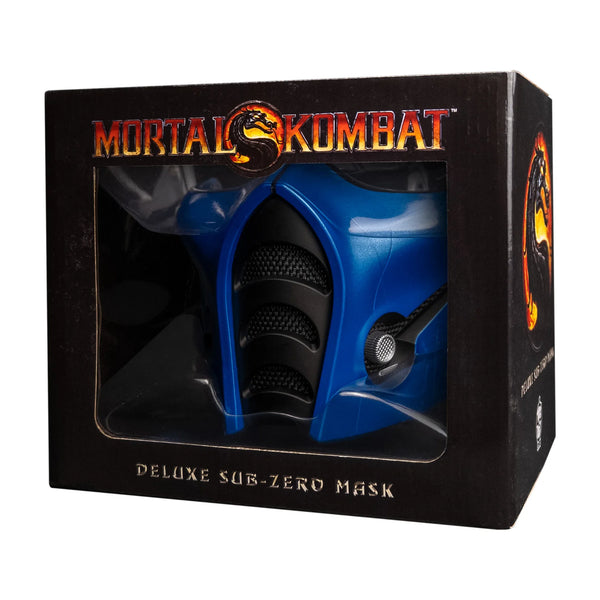 Mortal Kombat Sub Zero Costume Mask in signature and bold blue and black color scheme with subtle surface texture and attached straps, in packaging, front view