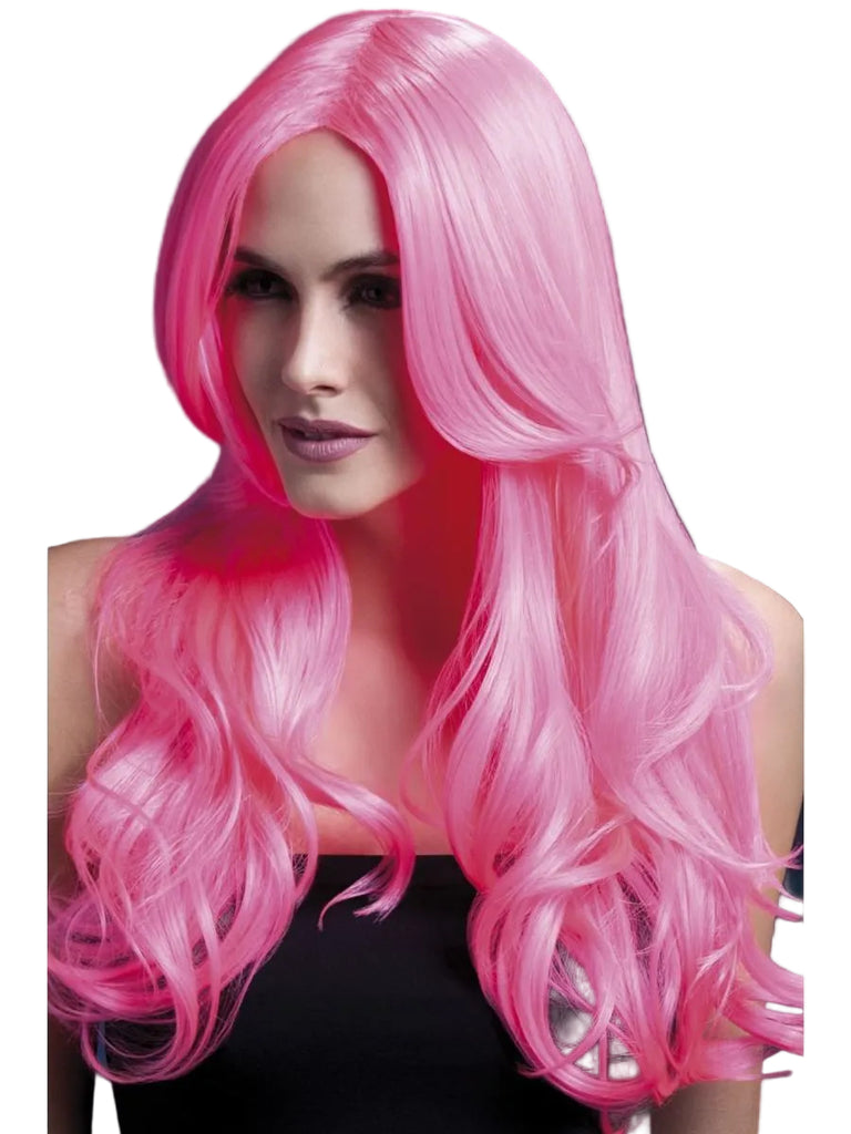 Neon Pink Khloe Fever Costume Wig 
Featuring a neon pink synthetic fiber wig with long, flowing strands that extend past the shoulders, a smooth center part, layered face-framing sections, and softly curled ends that add volume and movement throughout the length.