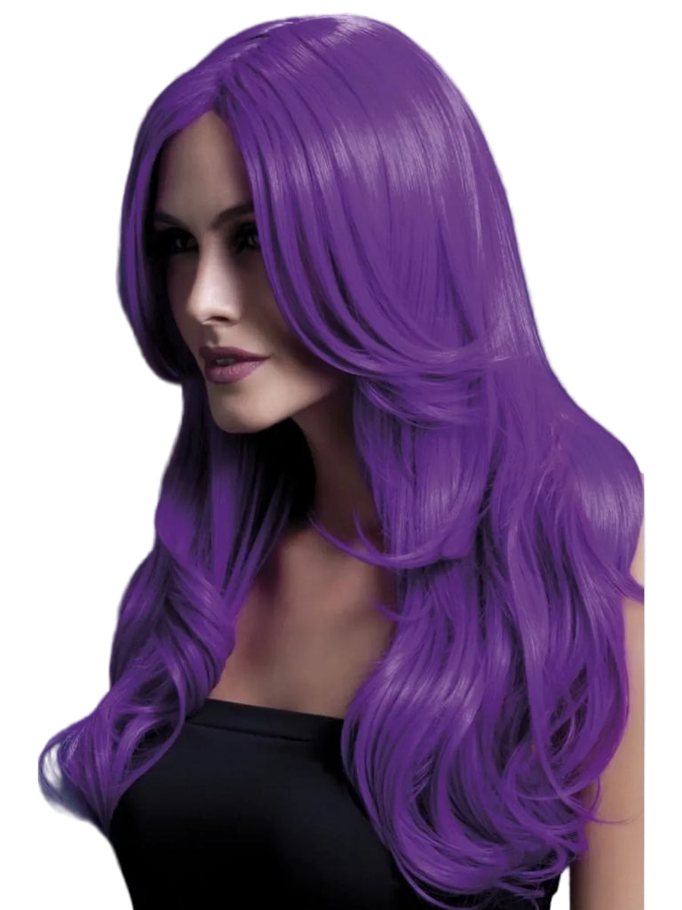 Neon Purple Khloe Fever Costume Wig Featuring a neon purple synthetic fiber wig with long, flowing strands that extend past the shoulders, a smooth center part, layered face-framing sections, and softly curled ends that create volume and movement throughout the length.