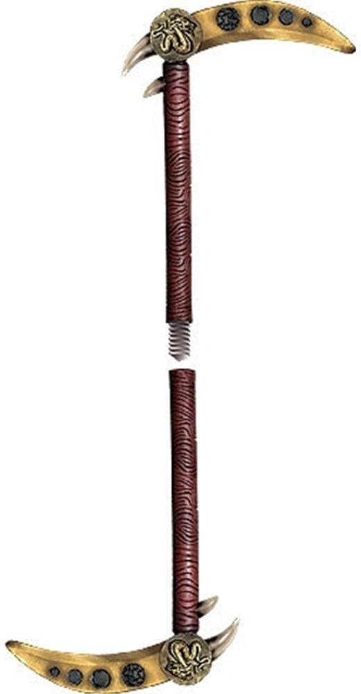 Features a traditional sickle‑style design with a sharply curved silver‑tone blade molded from lightweight plastic, attached to a long black handle wrapped in textured detailing to resemble real grip material; accented with subtle notches and contouring along the blade edge and finished with a balanced, compact profile that closely mirrors the classic ninja kama silhouette