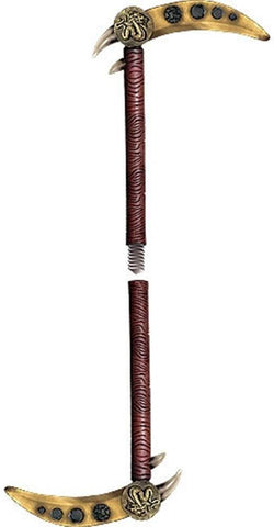 Features a traditional sickle‑style design with a sharply curved silver‑tone blade molded from lightweight plastic, attached to a long black handle wrapped in textured detailing to resemble real grip material; accented with subtle notches and contouring along the blade edge and finished with a balanced, compact profile that closely mirrors the classic ninja kama silhouette