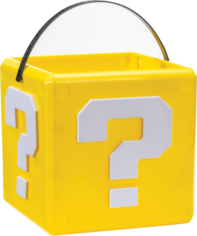 Nintendo Super Mario Mystery Block Box Trick or Treat Pail Bucket features a yellow plastic bucket designed in the shape of the iconic Super Mario “?” mystery block, complete with raised white question mark symbols on multiple sides and molded corner details for an authentic game‑inspired look.