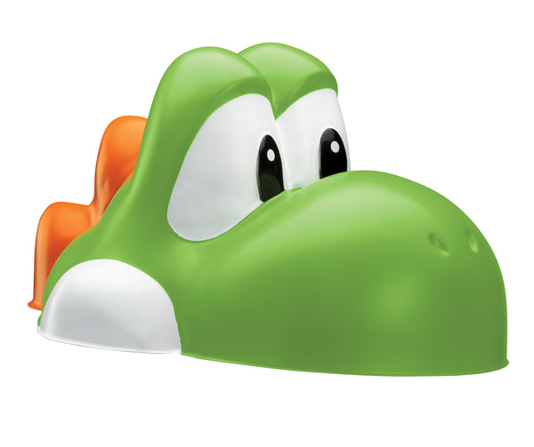 Nintendo Super Mario Yoshi Costume Headpiece featuring a molded green Yoshi face with large white cheek panels, wide oval eyes with black pupils, and a rounded snout. The back includes Yoshi’s signature orange dorsal spikes