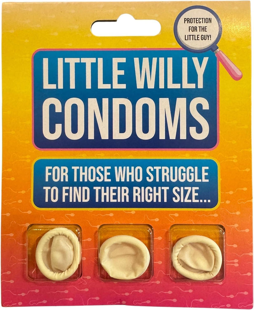 Novelty Small Pecker Condoms Featuring a novelty condom-themed gag gift package with a bright yellow, orange, and pink gradient backing card, three miniature off-white latex-style condoms displayed in clear plastic compartments, a large blue title panel reading Little Willy Condoms, a magnifying glass graphic with the text Protection for the Little Guy!, printed mock customer reviews on the reverse side, and retail packaging with barcode, product information, and hanging display slot.