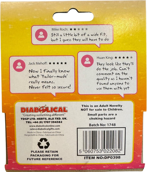 Back of Novelty Small Pecker Condoms Featuring a novelty condom-themed gag gift package with a bright yellow, orange, and pink gradient backing card, three miniature off-white latex-style condoms displayed in clear plastic compartments, a large blue title panel reading Little Willy Condoms, a magnifying glass graphic with the text Protection for the Little Guy!, printed mock customer reviews on the reverse side, and retail packaging with barcode, product information, and hanging display slot.